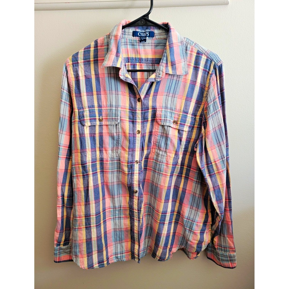 Chaps Women's XL Plaid L/S Cotton Soft Button Up Shirt Pockets Flannel Country